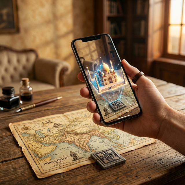 Smartphone showing an Ages of India AR experience with a 3D Indian monument above a QR card